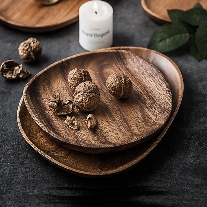 5Pcs Wooden Storage Tray - Acacia Wood Irregular Oval Tableware, Solid Food Container