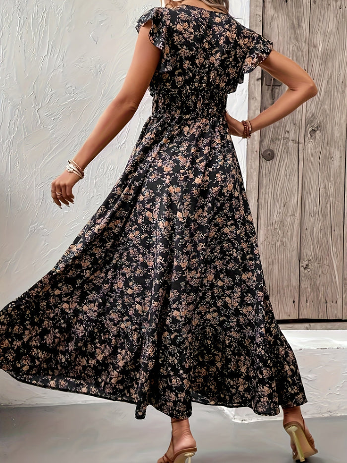 Black A-Line Dress for Women with Ruffle Sleeves and Elastic Waist, Lightweight Spring Fashion-2