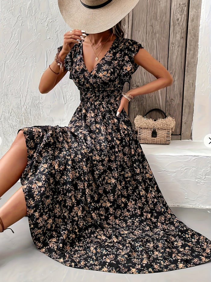 Black A-Line Dress for Women with Ruffle Sleeves and Elastic Waist, Lightweight Spring Fashion-3