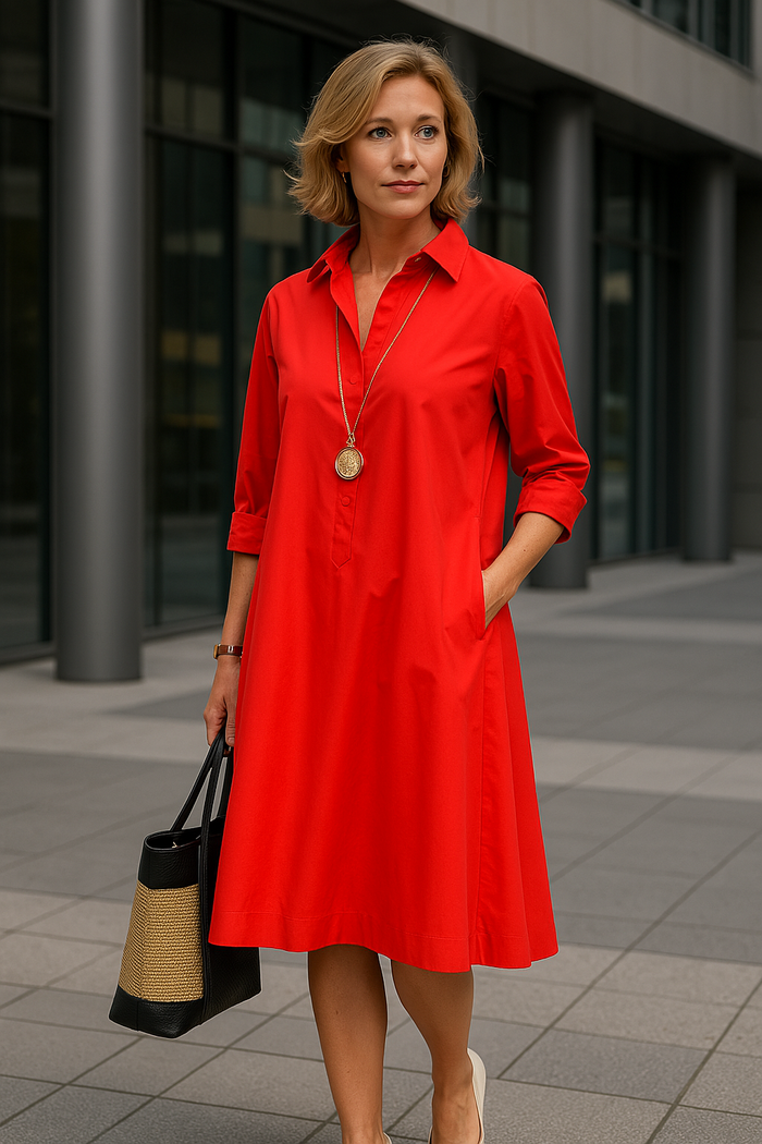 A-Line Polo Dress for Women with 3/4 Sleeves, Lightweight Spring Dress in Red, Black, and White-3