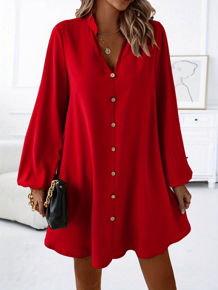 Airy Casual V-Neck Long Sleeve Dress for Women, Loose Fit Summer Midi Dress in Multiple Colors-2