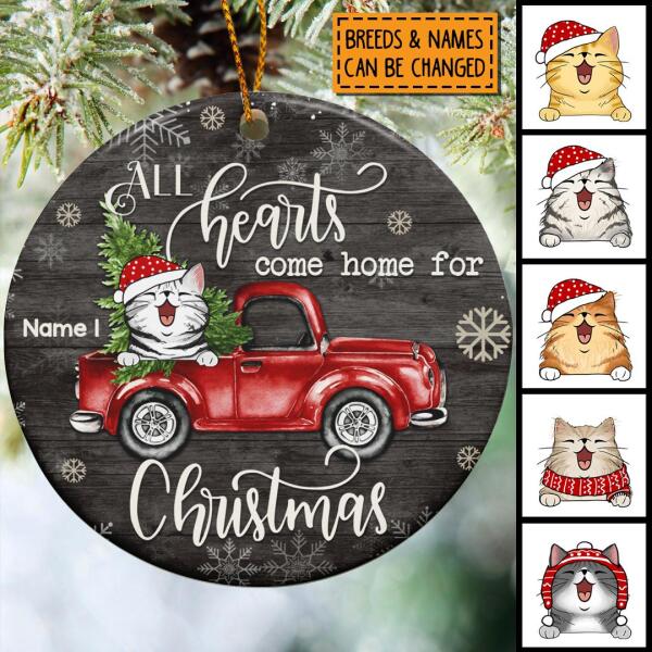 All Hearts Come Home For Xmas Dark Wood Circle Ceramic Ornament - Personalized Cat Lovers Decorative Christmas Ornament