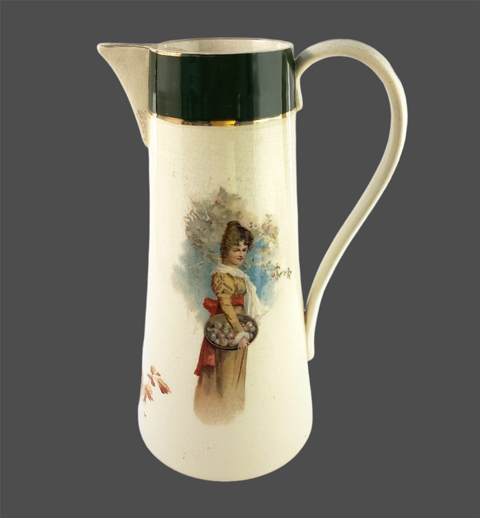 Antique Avon Faience Ceramic Pitcher Tankard 10" Strawberries & Lady