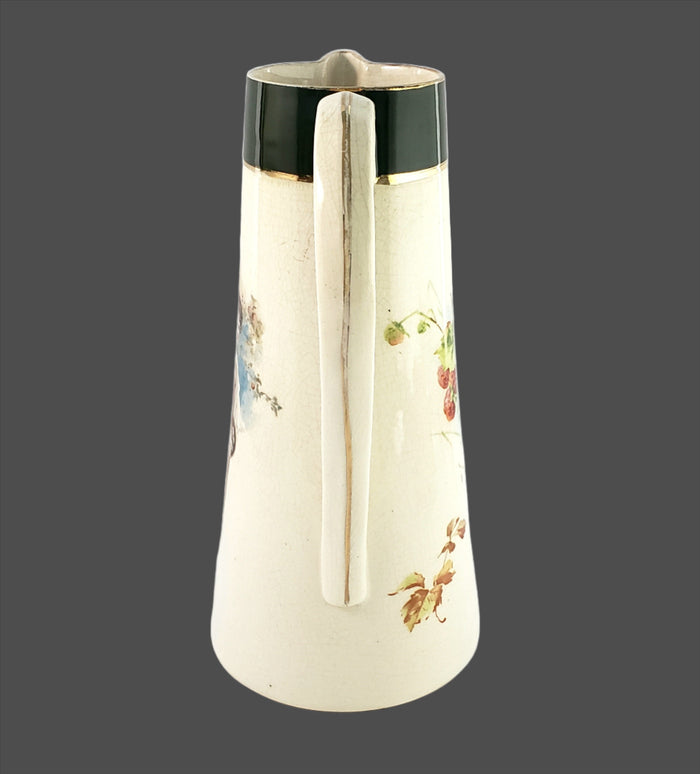 Antique Avon Faience Ceramic Pitcher Tankard 10" Strawberries & Lady