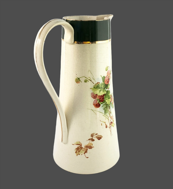 Antique Avon Faience Ceramic Pitcher Tankard 10" Strawberries & Lady