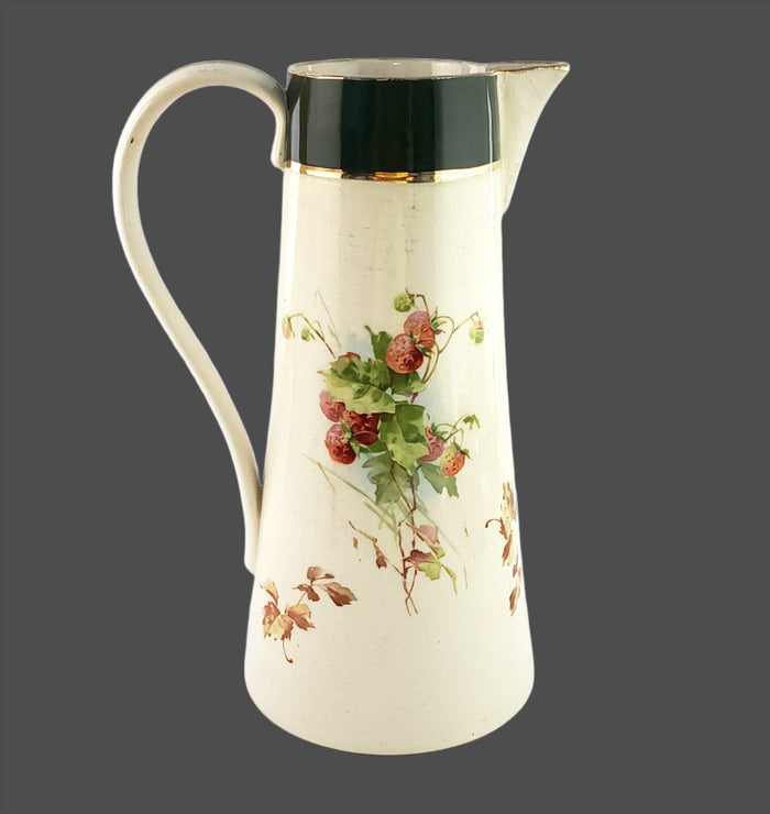 Antique Avon Faience Ceramic Pitcher Tankard 10" Strawberries & Lady