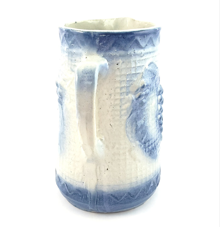 Antique Blue and White Salt Glaze Stoneware Pitcher Grapes with Rickrack
