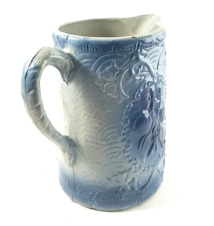 Antique Blue and White Salt Glazed Stoneware Crockery Pitcher 8" Fruit Pattern