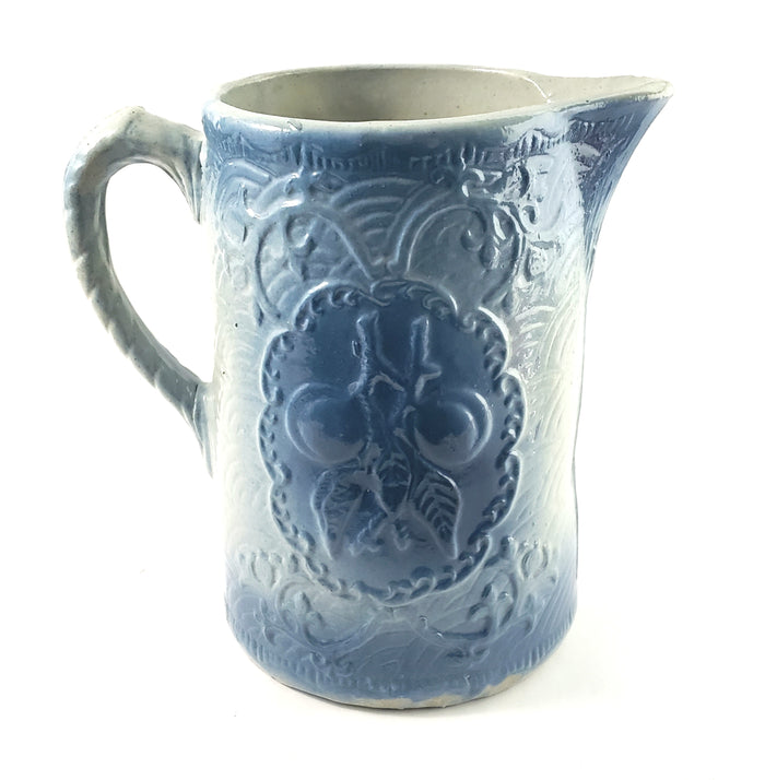 Antique Blue and White Salt Glazed Stoneware Crockery Pitcher 8" Fruit Pattern