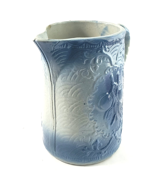 Antique Blue and White Salt Glazed Stoneware Crockery Pitcher 8" Fruit Pattern