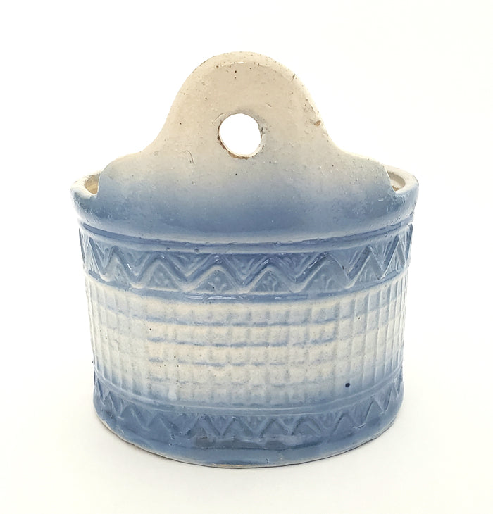 Antique Blue and White Stoneware Salt Crock Rickrack Waffle Missing Lid