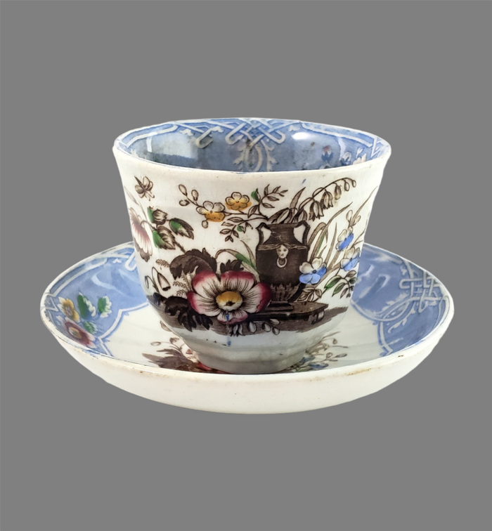 Antique English Ironstone Handleless Cup & Saucer "Indian" Pattern Livesley, Powell & Co.