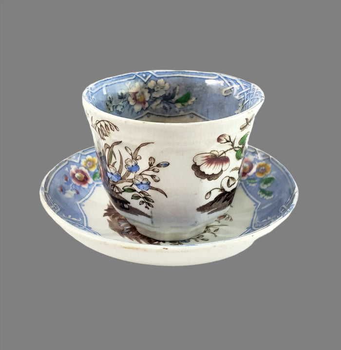Antique English Ironstone Handleless Cup & Saucer "Indian" Pattern Livesley, Powell & Co.