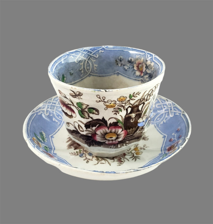 Antique English Ironstone Handleless Cup & Saucer "Indian" Pattern Livesley, Powell & Co.