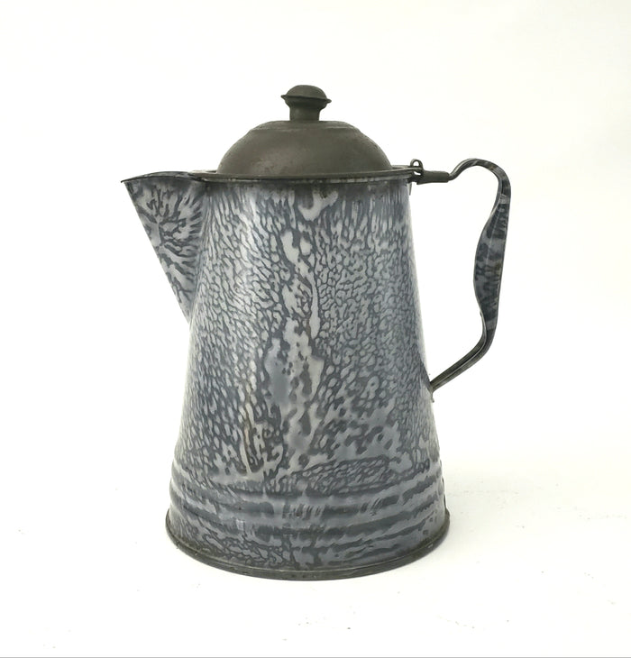 Antique Gray Mottled Granite Ware Enamel 8 1/2 inch Coffee Pot with Tin Lid