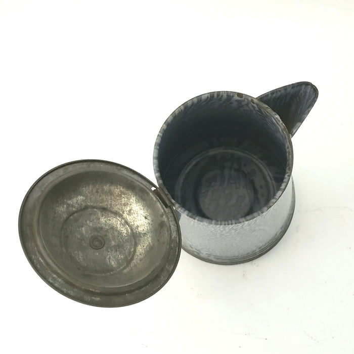 Antique Gray Mottled Granite Ware Enamel 8 1/2 inch Coffee Pot with Tin Lid