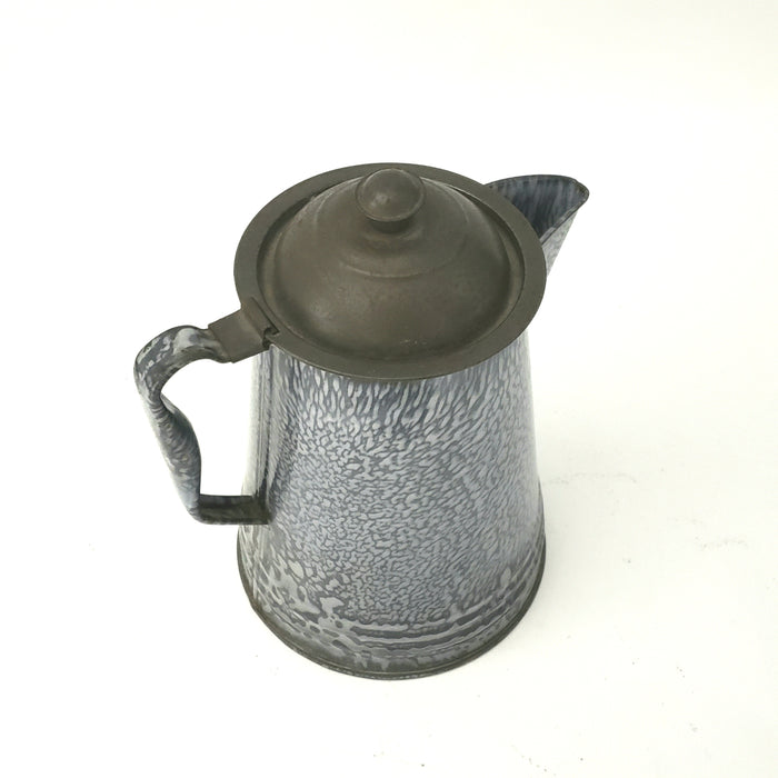 Antique Gray Mottled Granite Ware Enamel 8 1/2 inch Coffee Pot with Tin Lid