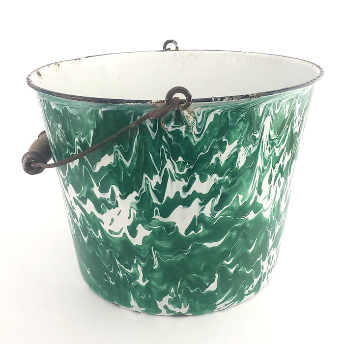 Antique Green & White Swirl Graniteware Pail Bucket Bail Handle Wood Grip