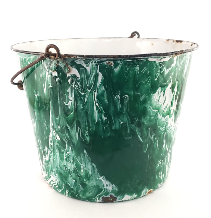 Antique Green & White Swirl Graniteware Pail Bucket Bail Handle Wood Grip