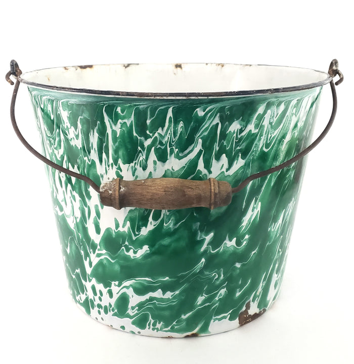 Antique Green & White Swirl Graniteware Pail Bucket Bail Handle Wood Grip