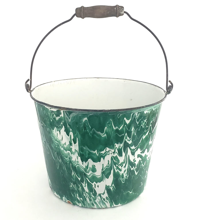 Antique Green & White Swirl Graniteware Pail Bucket Bail Handle Wood Grip