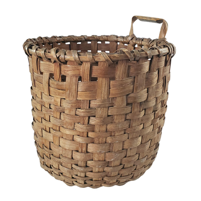 Antique Handwoven Oak Splint Gathering Basket Single Bentwood Handle