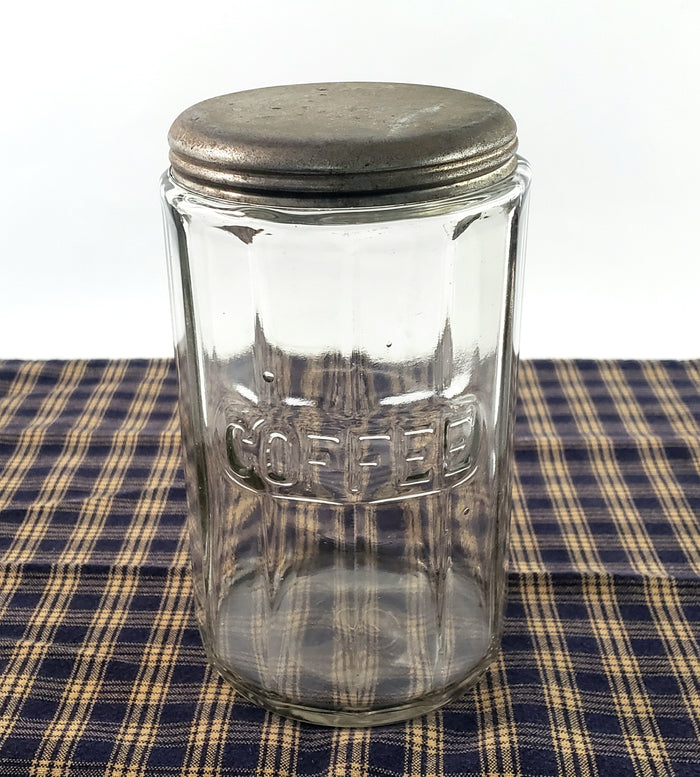 Antique Hoosier Cabinet Glass Coffee Jar with Tin Lid