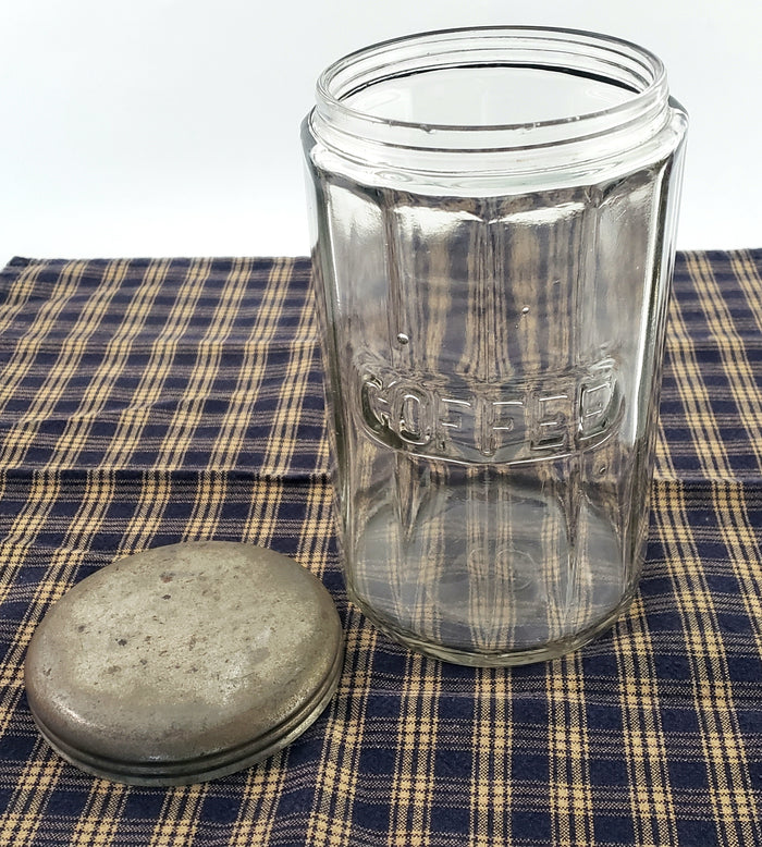 Antique Hoosier Cabinet Glass COFFEE Jar with Tin Lid