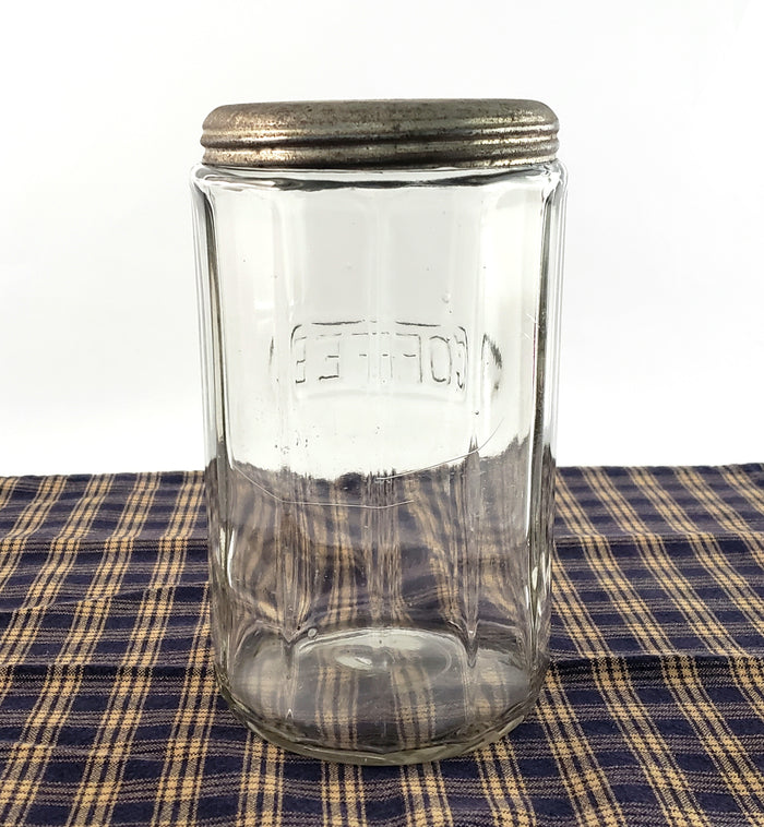 Antique Hoosier Cabinet Glass COFFEE Jar with Tin Lid