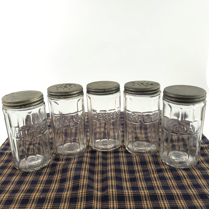 Antique Hoosier Cabinet Glass Spice Jars with Tin Lids Script Colonial Set of 5