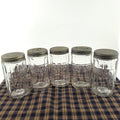 Antique Hoosier Cabinet Glass Spice Jars with Tin Lids Script Colonial Set of 5