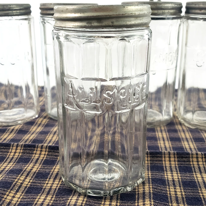 Antique Hoosier Cabinet Glass Spice Jars with Tin Lids Script Colonial Set of 5