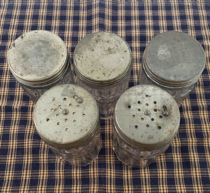Antique Hoosier Cabinet Glass Spice Jars with Tin Lids Script Colonial Set of 5