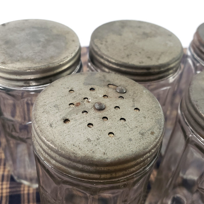 Antique Hoosier Cabinet Glass Spice Jars with Tin Lids Script Colonial Set of 5
