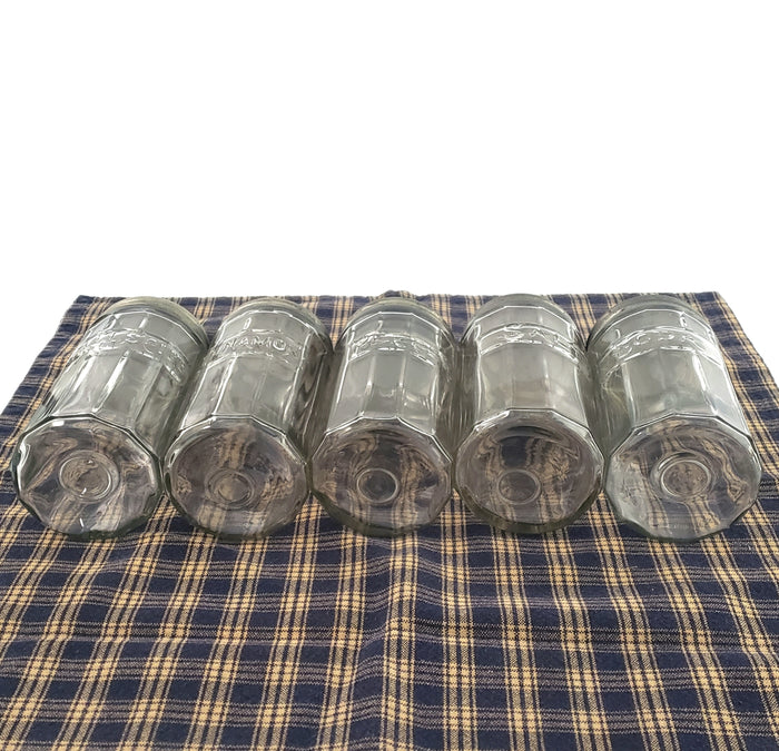 Antique Hoosier Cabinet Glass Spice Jars with Tin Lids Script Colonial Set of 5