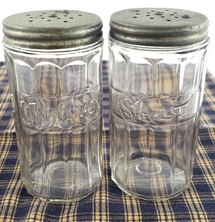 Antique Hoosier Cabinet Glass Spice Jars with Tin Lids Script Colonial Set of 5