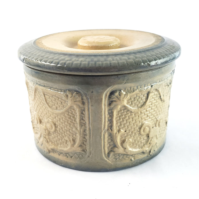 Antique Salt Glazed Stoneware Crock with Original Lid Draped Window Pattern