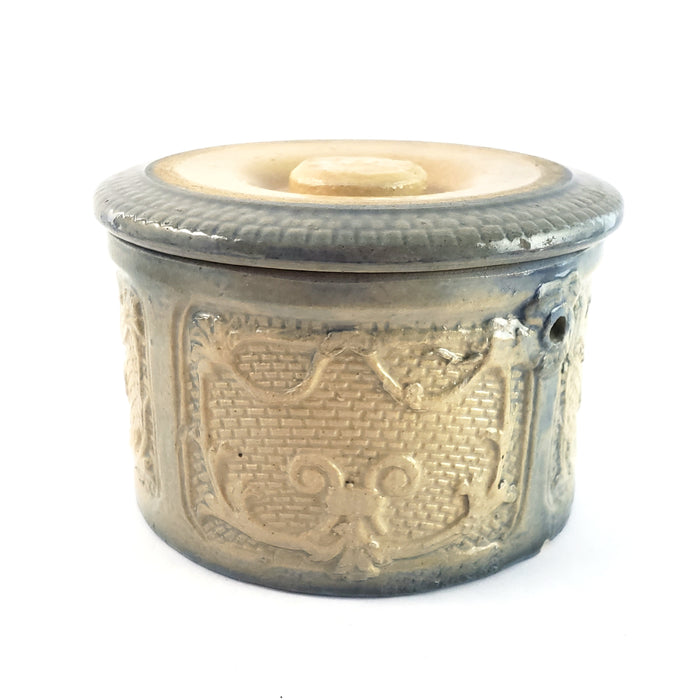 Antique Salt Glazed Stoneware Crock with Original Lid Draped Window Pattern