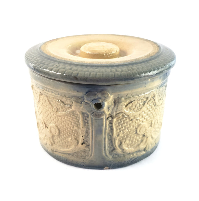 Antique Salt Glazed Stoneware Crock with Original Lid Draped Window Pattern
