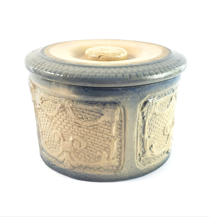 Antique Salt Glazed Stoneware Crock with Original Lid Draped Window Pattern