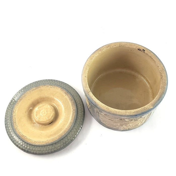 Antique Salt Glazed Stoneware Crock with Original Lid Draped Window Pattern