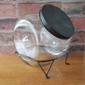 Antique Tilt Glass Counter Jar General Store Style with Metal Stand & Tin Lid