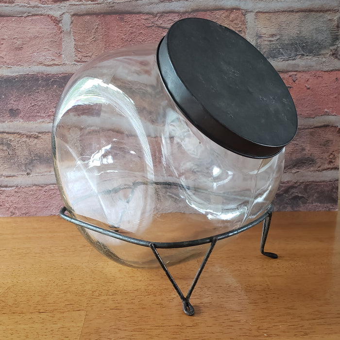 Antique Tilt Glass Counter Jar General Store Style with Metal Stand & Tin Lid
