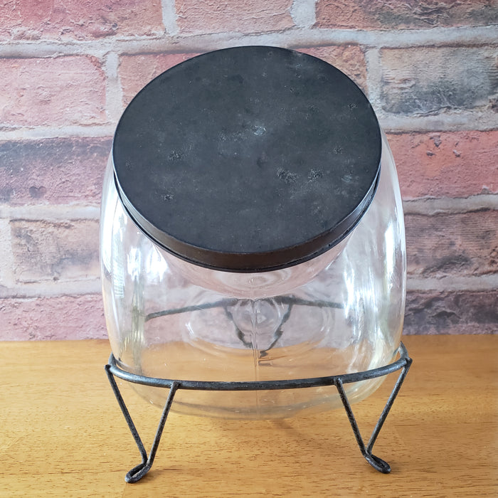 Antique Tilt Glass Counter Jar General Store Style with Metal Stand & Tin Lid