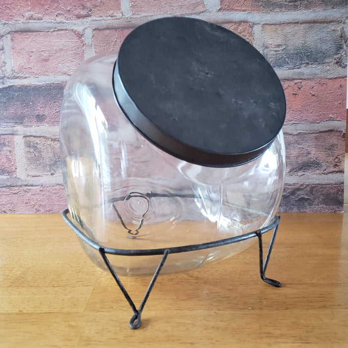 Antique Tilt Glass Counter Jar General Store Style with Metal Stand & Tin Lid