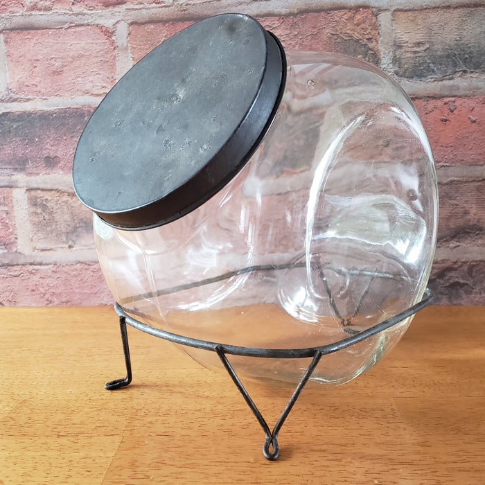 Antique Tilt Glass Counter Jar General Store Style with Metal Stand & Tin Lid