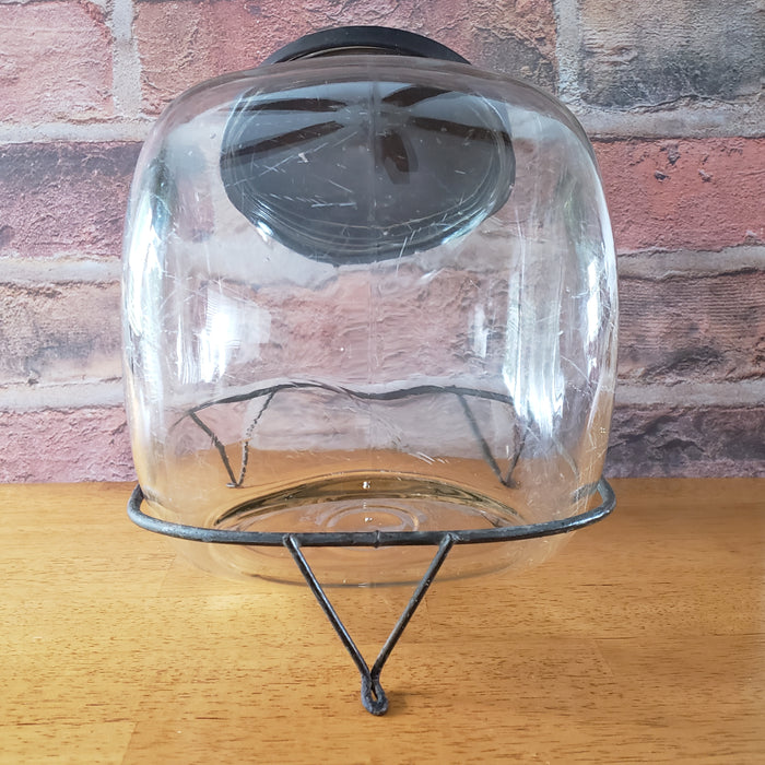 Antique Tilt Glass Counter Jar General Store Style with Metal Stand & Tin Lid