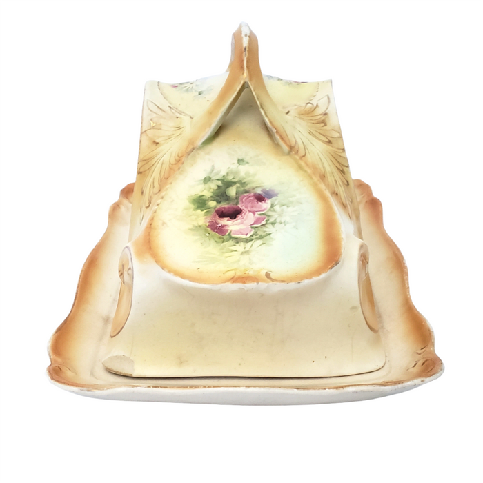 Antique Victorian Cheese Keeper Covered Dish Scrolls & Pink Roses