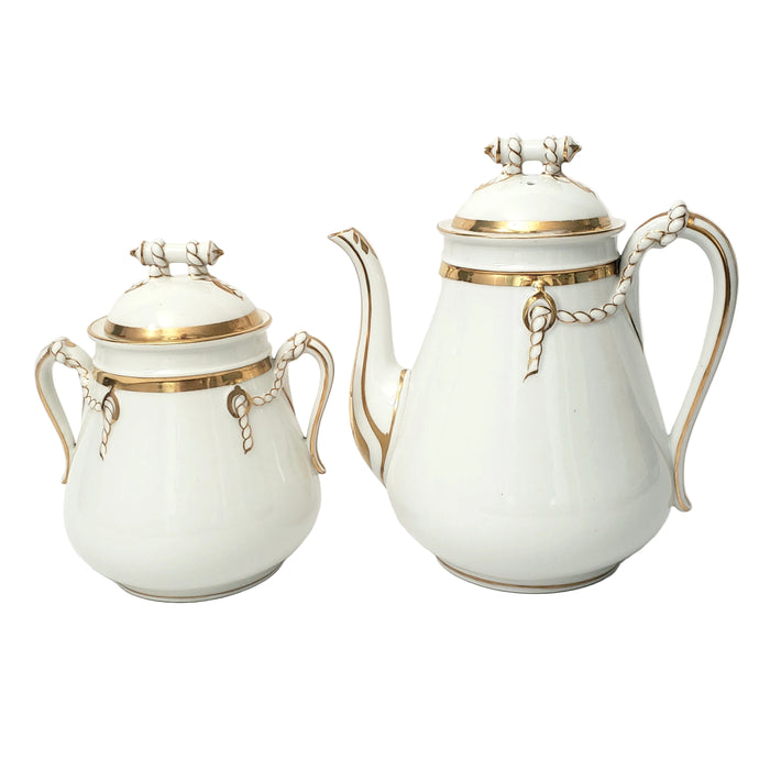 Antique White & Gold Teapot & Sugar Bowl Set Cable Shape Twisted Rope and Ring Hope & Carter Staffordshire England