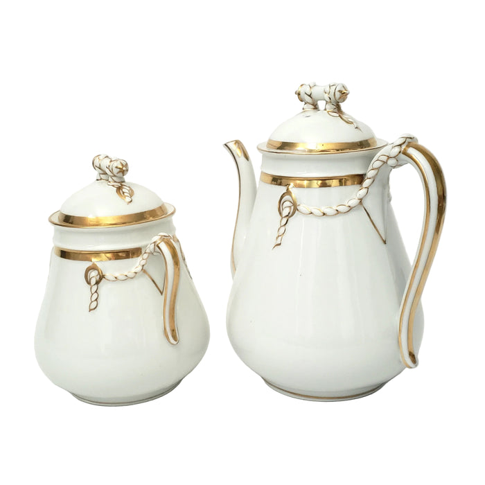 Antique White & Gold Teapot & Sugar Bowl Set Cable Shape Twisted Rope & Rings Hope & Carter Staffordshire England